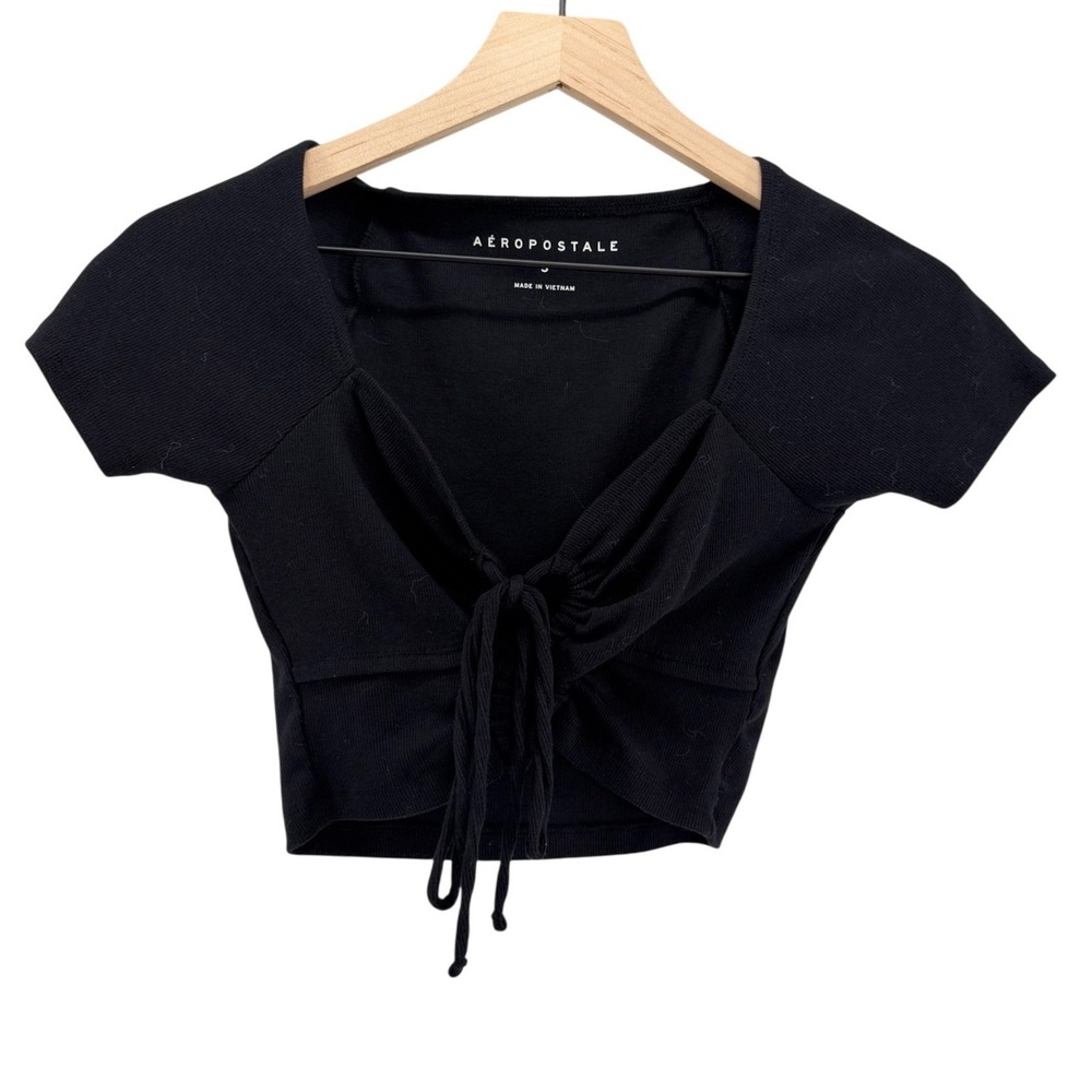 Aeropostale Y2K Black Ribbed Tie Front Crop Top Short Sleeve Sweetheart Neck S - Picture 2 of 8